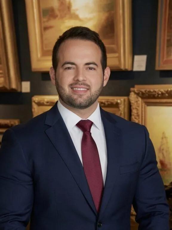 Portrait of Austin Helmuth, fine art appraiser, in front of framed paintings