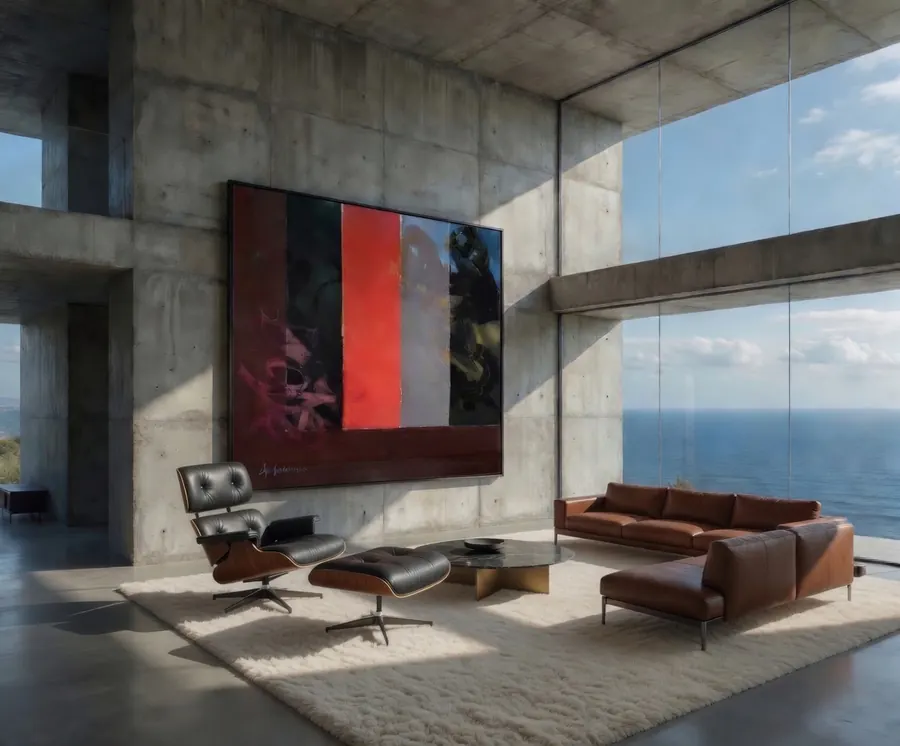 Large contemporary painting on a concrete wall in an oceanfront home