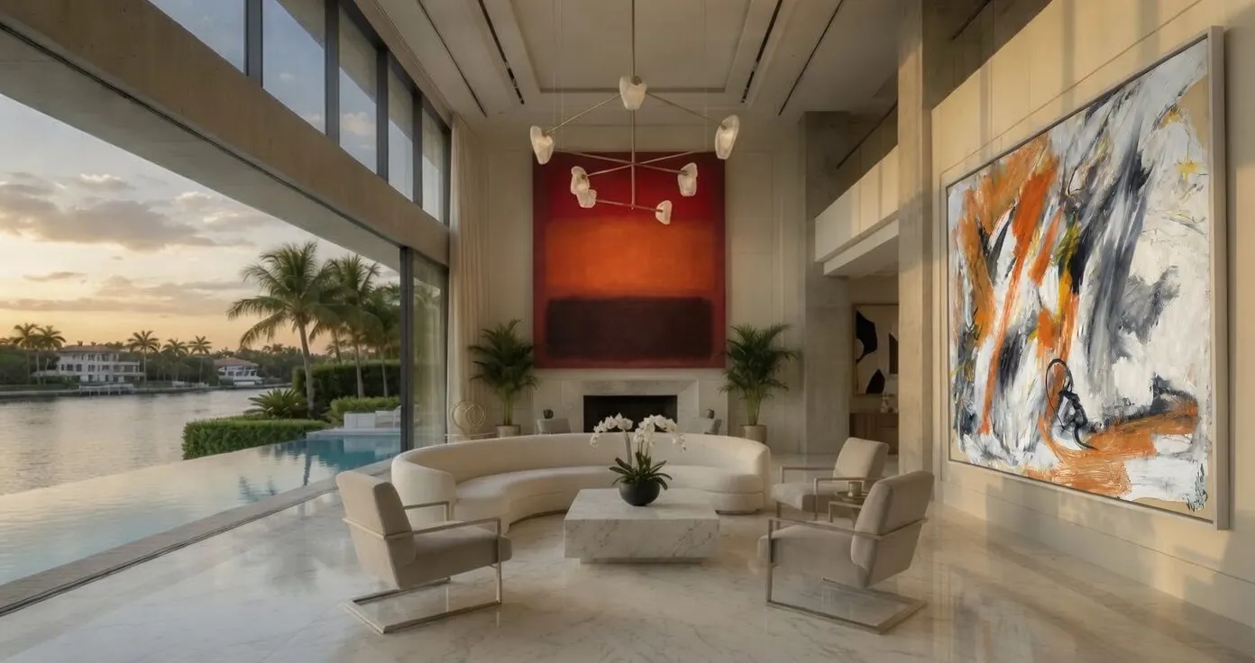 Large abstract paintings displayed in a bright waterfront Florida living room