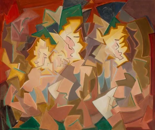 Detail of a colorful cubist-style figurative painting